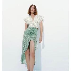 Zara Polka Dot Side Slit Linen Blend Midi Skirt